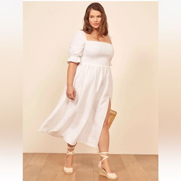 REFORMATION White MARABELLA Smocked Summer Linen Front Slit Midi Dress - Picture 4 of 11